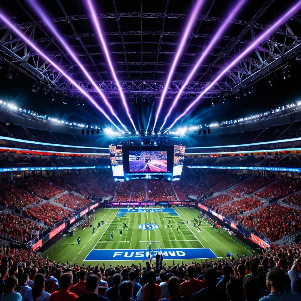 A dynamic scene capturing a vibrant athletic event with enthusiastic crowds, intricate light displays, and athletes celebrating victories. Incorporate elements like interactive fan zones, immersive technology such as VR experiences, and inspiring banners that symbolize the event's spirit. The atmosphere should be electric, highlighting the fusion of sports and entertainment. vibrant colors. super-realistic. energetic composition.