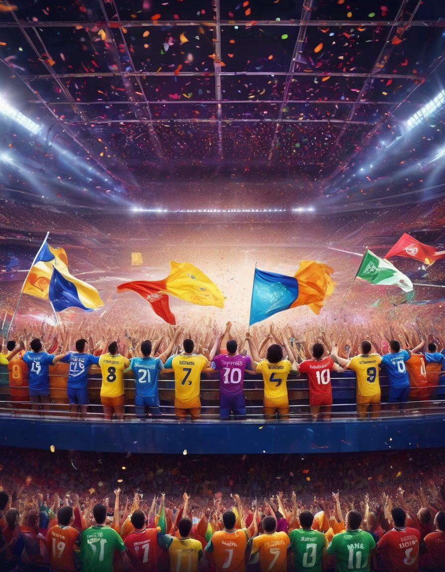 A dynamic stadium scene showing passionate fans of various sports in colorful jerseys, celebrating together with raised banners and flags, vibrant confetti in the air. Include a diverse group of fans, highlighting the unity and excitement in the crowd. The background features a grand sports arena illuminated with bright lights. super-realistic. vibrant colors. high energy.