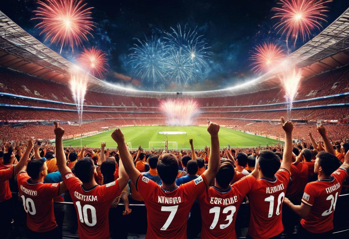 A dynamic scene depicting passionate fans in a vibrant stadium, surrounded by luxury elements like high-end merchandise and gourmet food stalls. Show a diverse group of ecstatic fans, adorned in premium team jerseys, holding up shiny trophies and celebrating together. Incorporate visually striking details such as fireworks in the sky and a grand sports arena in the background, merging excitement with elegance. super-realistic. vibrant colors. dynamic composition.